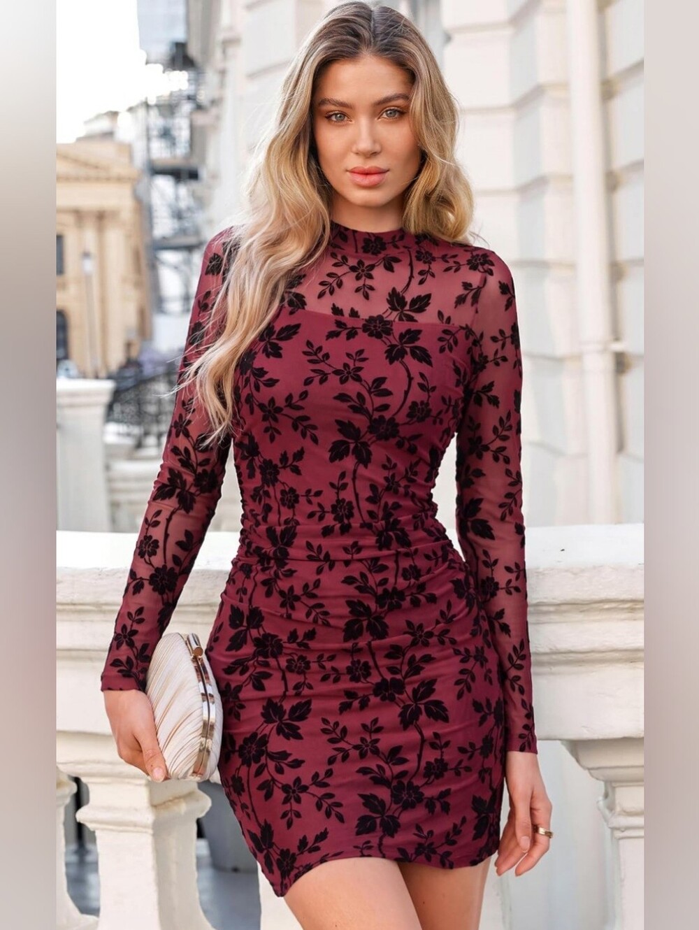 NWT Burgundy Black Floral Mesh Bodycon Mini Dress Size Large